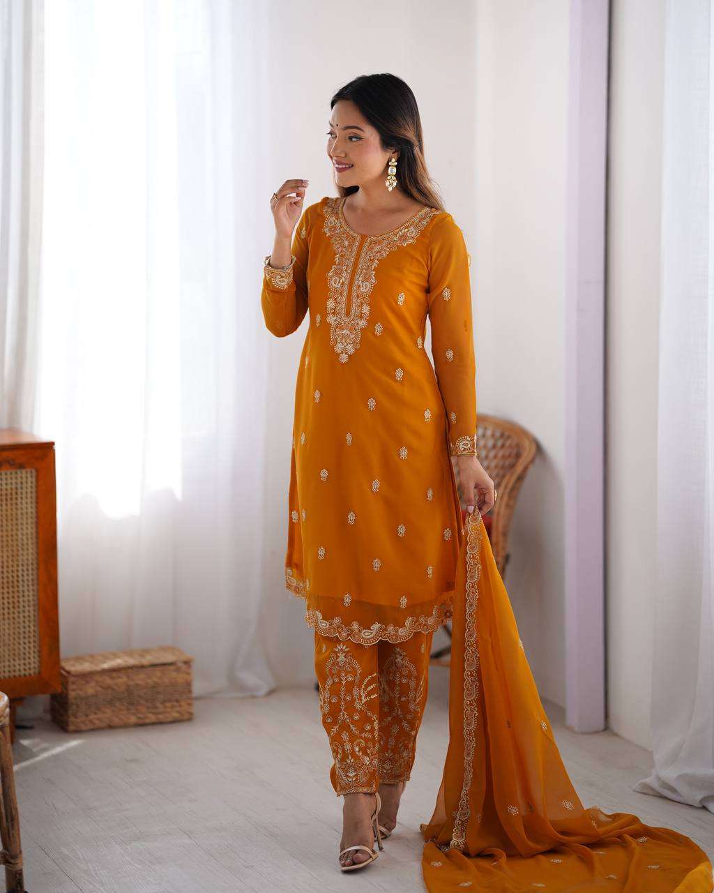 Women's Georgette Embroidery Straight Kurti with Pant And Dupatta Set - Image 7