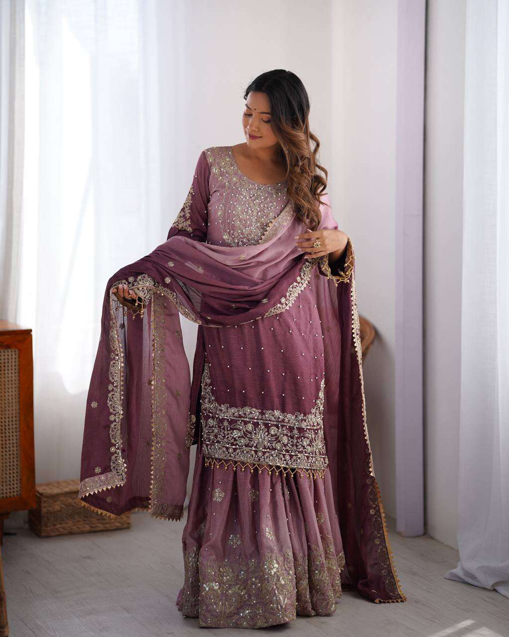 Women's Chinon Silk Sequence With Rivet Moti Work Straight Kurta With Sharara and Dupatta Set - Image 29